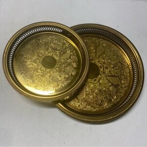 2 Vintage Copper Craft Gold Brass Gallery Tray Etch Stamped Home Decor Nesting